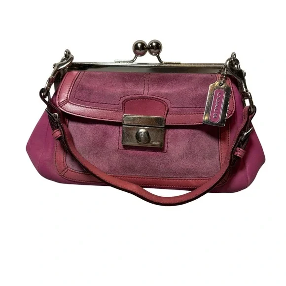 Vintage Rare Coach 9734 Pink Suede Kisslock Baguette Bag Silver Hardware Y2K
